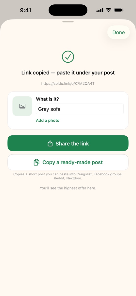 Soldu: link copied, ready to share