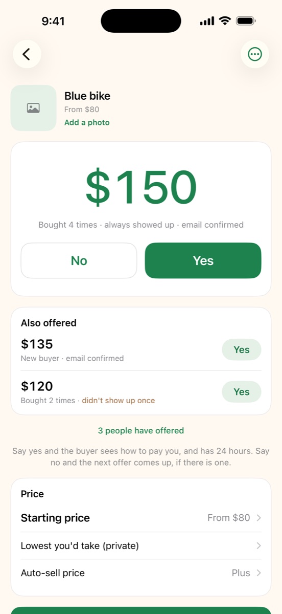 Soldu: the top offer, with Yes and No